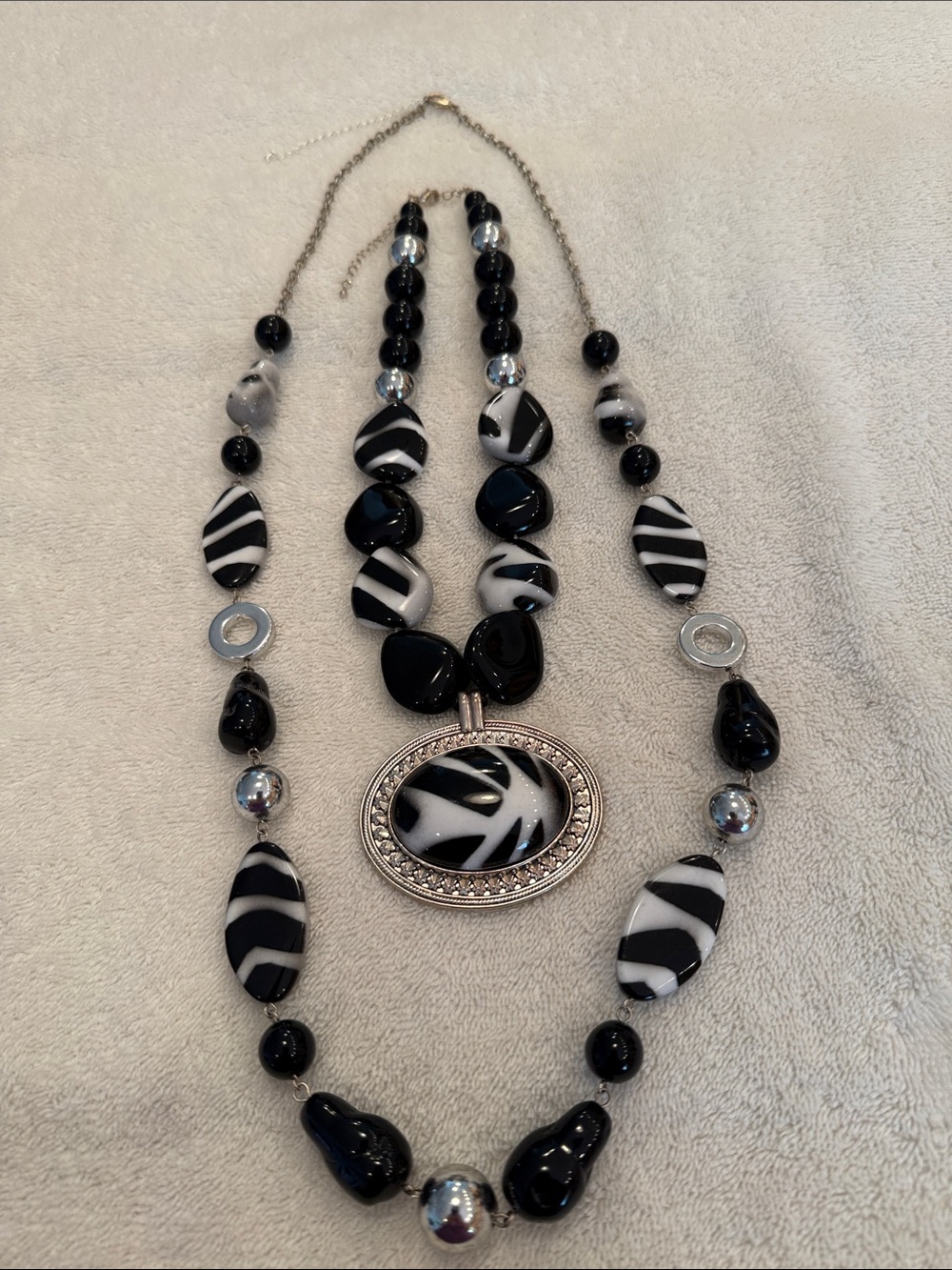 TWO Layered Black & White Striped Pendant Necklace